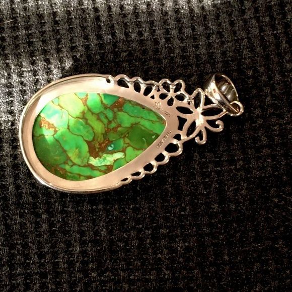 Copper Infused Green Turquoise Sterling Silver Pendant - Picture 2 of 9